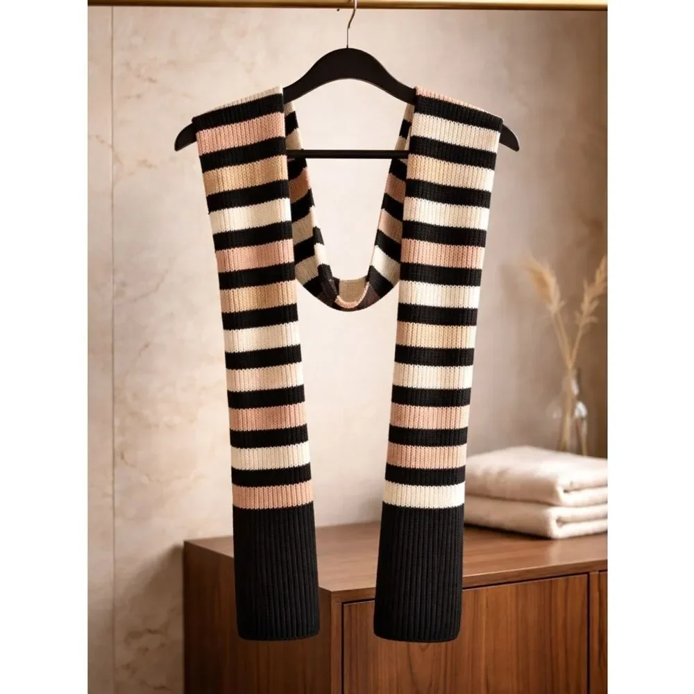 NWOT Kate Spade Knot Scarf Wide Stripe Peony Black Pink Tan -